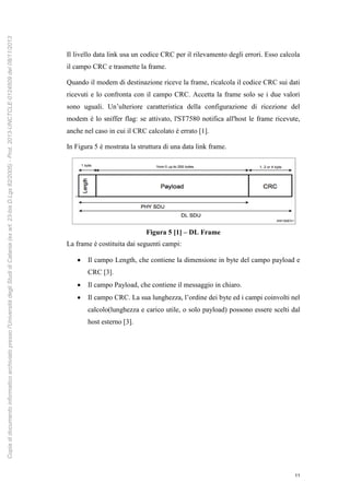 11
Il livello data link usa un codice CRC per il rilevamento degli errori. Esso calcola
il campo CRC e trasmette la frame.
Quando il modem di destinazione riceve la frame, ricalcola il codice CRC sui dati
ricevuti e lo confronta con il campo CRC. Accetta la frame solo se i due valori
sono uguali. Un’ulteriore caratteristica della configurazione di ricezione del
modem è lo sniffer flag: se attivato, l'ST7580 notifica all'host le frame ricevute,
anche nel caso in cui il CRC calcolato è errato [1].
In Figura 5 è mostrata la struttura di una data link frame.
Figura 5 [1] – DL Frame
La frame è costituita dai seguenti campi:
 Il campo Length, che contiene la dimensione in byte del campo payload e
CRC [3].
 Il campo Payload, che contiene il messaggio in chiaro.
 Il campo CRC. La sua lunghezza, l’ordine dei byte ed i campi coinvolti nel
calcolo(lunghezza e carico utile, o solo payload) possono essere scelti dal
host esterno [3].
Copiadidocumentoinformaticoarchiviatopressol'UniversitàdegliStudidiCatania(exart.23-bisD.Lgs82/2005)-Prot.2013-UNCTCLE-0124509del08/11/2013
 