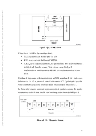13
Figura 7 [1] – UART Port
L’interfaccia UART ha due canali per i dati:
 TXD: trasporta i dati dall'ST7580 all’ host.
 RXD: trasporta i dati dall’host all’ST7580.
 T_REQ: è un segnale di controllo,che generalmente deve essere mantenuto
in high level. Quando, invece, l’host esterno vuole chiedere il
trasferimento di una frame verso ST7580, deve essere mantenuto in low
level.
Il codice di linea usato nella trasmissione è un NRZ unipolare. Il bit 1 può essere
indicato con 5 o 3.3 V, mentre il bit 0 è indicato con 0 V. Ogni singolo byte che
viene scambiato deve essere delimitato da un bit di start e un bit di stop [1].
Le frame che vengono scambiate sono composte da caratteri, ognuno dei quali è
composto da un bit di start, otto bit e un bit di stop, come mostrato in Figura 8.
Figura 8 [1] – Character format
Copiadidocumentoinformaticoarchiviatopressol'UniversitàdegliStudidiCatania(exart.23-bisD.Lgs82/2005)-Prot.2013-UNCTCLE-0124509del08/11/2013
 