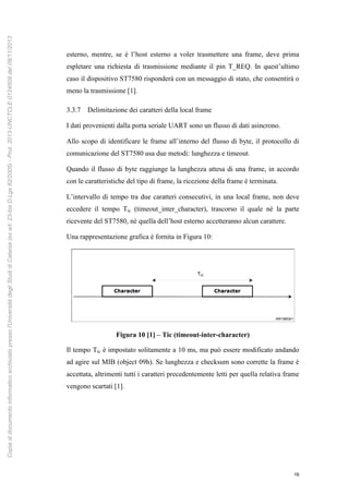 16
esterno, mentre, se è l’host esterno a voler trasmettere una frame, deve prima
espletare una richiesta di trasmissione mediante il pin T_REQ. In quest’ultimo
caso il dispositivo ST7580 risponderà con un messaggio di stato, che consentirà o
meno la trasmissione [1].
3.3.7 Delimitazione dei caratteri della local frame
I dati provenienti dalla porta seriale UART sono un flusso di dati asincrono.
Allo scopo di identificare le frame all’interno del flusso di byte, il protocollo di
comunicazione del ST7580 usa due metodi: lunghezza e timeout.
Quando il flusso di byte raggiunge la lunghezza attesa di una frame, in accordo
con le caratteristiche del tipo di frame, la ricezione della frame è terminata.
L’intervallo di tempo tra due caratteri consecutivi, in una local frame, non deve
eccedere il tempo Tic (timeout_inter_character), trascorso il quale né la parte
ricevente del ST7580, né quella dell’host esterno accetteranno alcun carattere.
Una rappresentazione grafica è fornita in Figura 10:
Figura 10 [1] – Tic (timeout-inter-character)
Il tempo Tic è impostato solitamente a 10 ms, ma può essere modificato andando
ad agire sul MIB (object 09h). Se lunghezza e checksum sono corrette la frame è
accettata, altrimenti tutti i caratteri precedentemente letti per quella relativa frame
vengono scartati [1].
Copiadidocumentoinformaticoarchiviatopressol'UniversitàdegliStudidiCatania(exart.23-bisD.Lgs82/2005)-Prot.2013-UNCTCLE-0124509del08/11/2013
 