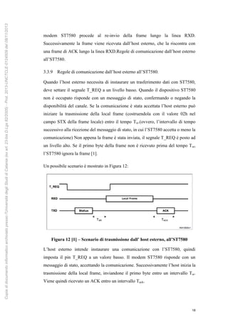 18
modem ST7580 procede al re-invio della frame lungo la linea RXD.
Successivamente la frame viene ricevuta dall’host esterno, che la riscontra con
una frame di ACK lungo la linea RXD.Regole di comunicazione dall’host esterno
all’ST7580.
3.3.9 Regole di comunicazione dall’host esterno all’ST7580.
Quando l’host esterno necessita di instaurare un trasferimento dati con ST7580,
deve settare il segnale T_REQ a un livello basso. Quando il dispositivo ST7580
non è occupato risponde con un messaggio di stato, confermando o negando la
disponibilità del canale. Se la comunicazione è stata accettata l’host esterno può
iniziare la trasmissione della local frame (costruendola con il valore 02h nel
campo STX della frame locale) entro il tempo Tsr.(ovvero, l’intervallo di tempo
successivo alla ricezione del messaggio di stato, in cui l’ST7580 accetta o meno la
comunicazione) Non appena la frame è stata inviata, il segnale T_REQ è posto ad
un livello alto. Se il primo byte della frame non è ricevuto prima del tempo Tsr,
l’ST7580 ignora la frame [1].
Un possibile scenario è mostrato in Figura 12:
Figura 12 [1] – Scenario di trasmissione dall’ host esterno, all’ST7580
L’host esterno intende instaurare una comunicazione con l’ST7580, quindi
imposta il pin T_REQ a un valore basso. Il modem ST7580 risponde con un
messaggio di stato, accettando la comunicazione. Successivamente l’host inizia la
trasmissione della local frame, inviandone il primo byte entro un intervallo Tsr.
Viene quindi ricevuto un ACK entro un intervallo Tack.
Copiadidocumentoinformaticoarchiviatopressol'UniversitàdegliStudidiCatania(exart.23-bisD.Lgs82/2005)-Prot.2013-UNCTCLE-0124509del08/11/2013
 