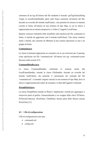 22
contenuto di un tag all’interno del file mediante il metodo: getTagValues(String
sTag)), la LocalFrameHandler opera sulle frame contenute all’interno del file,
facendo un override del metodo loadValue() , che permette di caricare in maniera
corretta le frame all’interno di una struttura di tipo Map, in cui la chiave è
rappresentata da un numero progressivo e il dato è l’oggetto LocalFrame.
Qualora venissero introdotte delle modifiche sulla struttura del file, contenente le
frame, il metodo da aggiornare sarà il metodo loadValue(). Tale classe contiene
anche i metodi, che consento di effettuare le più comuni operazioni su una o un
gruppo di frame.
Command.java
La classe Command rappresenta un comando con le sue istruzioni per il parsing,
come specificate nel file ‘command.xml’ all’interno dei tag <command>(come
discusso nella sezione 4.5).
CommandHandler.java
La classe CommandHandler, strutturata in maniera simile alla
LocalFrameHandler, estende la classe FileHandler, facendo un override del
metodo loadValue(), che permette il caricamento dei comandi dal file
‘command.xml’. I comandi vengono caricati in una struttura di tipo Map, dove la
chiave è rappresentata dal codice di comando e il dato dall’oggetto Command.
JGraphPanel.java
La classe JGraphPanel estende la JPanel e implementa i metodi per aggiungere o
rimuovere punti al grafico. Sostanzialmente è un wrapper delle classi XYSeries,
XYSeriesCollection, JFreeChart, ChartPanel, facenti parte della libreria esterna
JFreeChart [11].
4.5 I file di configurazione
I file di configurazione sono due:
 command.xml
 config.xml
Copiadidocumentoinformaticoarchiviatopressol'UniversitàdegliStudidiCatania(exart.23-bisD.Lgs82/2005)-Prot.2013-UNCTCLE-0124509del08/11/2013
 