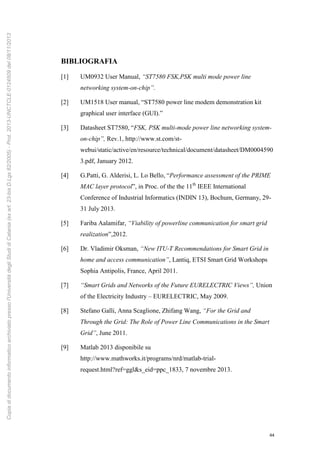 44
BIBLIOGRAFIA
[1] UM0932 User Manual, “ST7580 FSK,PSK multi mode power line
networking system-on-chip”.
[2] UM1518 User manual, “ST7580 power line modem demonstration kit
graphical user interface (GUI).”
[3] Datasheet ST7580, “FSK, PSK multi-mode power line networking system-
on-chip”, Rev.1, http://www.st.com/st-
webui/static/active/en/resource/technical/document/datasheet/DM0004590
3.pdf, January 2012.
[4] G.Patti, G. Alderisi, L. Lo Bello, “Performance assessment of the PRIME
MAC layer protocol”, in Proc. of the the 11th
IEEE International
Conference of Industrial Informatics (INDIN 13), Bochum, Germany, 29-
31 July 2013.
[5] Fariba Aalamifar, “Viability of powerline communication for smart grid
realization”,2012.
[6] Dr. Vladimir Oksman, “New ITU-T Recommendations for Smart Grid in
home and access communication”, Lantiq, ETSI Smart Grid Workshops
Sophia Antipolis, France, April 2011.
[7] “Smart Grids and Networks of the Future EURELECTRIC Views”, Union
of the Electricity Industry – EURELECTRIC, May 2009.
[8] Stefano Galli, Anna Scaglione, Zhifang Wang, “For the Grid and
Through the Grid: The Role of Power Line Communications in the Smart
Grid”, June 2011.
[9] Matlab 2013 disponibile su
http://www.mathworks.it/programs/nrd/matlab-trial-
request.html?ref=ggl&s_eid=ppc_1833, 7 novembre 2013.
Copiadidocumentoinformaticoarchiviatopressol'UniversitàdegliStudidiCatania(exart.23-bisD.Lgs82/2005)-Prot.2013-UNCTCLE-0124509del08/11/2013
 