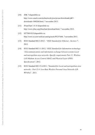 45
[10] JDK 7 disponibile su:
http://www.oracle.com/technetwork/java/javase/downloads/jdk7-
downloads-1880260.html, 7 novembre 2013.
[11] JFreeChart 1.0.16 disponibile su:
http://www.jfree.org/jfreechart/download.html, 7 novembre 2013.
[12] ST7580 GUI disponibile su:
http://www.st.com/web/en/catalog/tools/PF257648, 7 novembre 2013.
[13] IEEE Standard 802.3-2012 – “IEEE Standard for Ethernet - Section 1”,
2012.
[14] IEEE Standard 802.11-2012, “IEEE Standard for Information technology-
-Telecommunications and information exchange between systems Local
and metropolitan area networks--Specific requirements Part 11: Wireless
LAN Medium Access Control (MAC) and Physical Layer (PHY)
Specifications”, 2012.
[15] IEEE Standard 802.15.4-2011, “Standard for Local and metropolitan area
networks - Part 15.4: Low-Rate Wireless Personal Area Networks (LR-
WPANs)” , 2011.
Copiadidocumentoinformaticoarchiviatopressol'UniversitàdegliStudidiCatania(exart.23-bisD.Lgs82/2005)-Prot.2013-UNCTCLE-0124509del08/11/2013
 