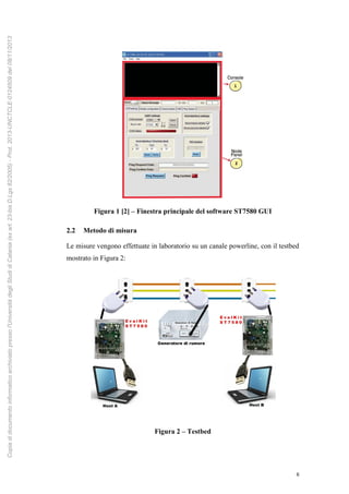 6
Figura 1 [2] – Finestra principale del software ST7580 GUI
2.2 Metodo di misura
Le misure vengono effettuate in laboratorio su un canale powerline, con il testbed
mostrato in Figura 2:
Figura 2 – Testbed
Copiadidocumentoinformaticoarchiviatopressol'UniversitàdegliStudidiCatania(exart.23-bisD.Lgs82/2005)-Prot.2013-UNCTCLE-0124509del08/11/2013
 