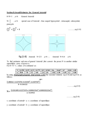 Section 8:Area&Perimeter for General Asteroid
0<N<1 , a>b General Asteroid
N=
2
3
, a=b special case of Asteroid - four cusped hypocycloid , tetracuspid, cubocycloid,
paracycle
(
𝐱
𝐚
)
𝐍
+ (
𝐲
𝐛
)
𝐍
= 𝟏 ………..eq.(1-8)
fig.(1-8) Asteroid N=2/3 ,a=b ; Asteroid N=0.4 a>b
To find perimeter and area of general Asteroid ,first convert the power N to another similar
superellipse curve of power n.
For 0< N <1 , values of n estimated as:
1.000.840.70.6670.60.5620.50.3750.330.290.198N
1.001.21.491.581.822.02.44.05.37.020.0n
as)8-eq.(3) and8-eq.(2sthe executed relationFind graph program trial version 2.411by using
follows:
n=
( 𝟏.𝟖𝟖𝟐𝟔𝟐−𝟒.𝟏𝟐𝟕𝟓𝟕𝐍+𝟓.𝟑𝟏𝟒𝟓𝑵 𝟐−𝟐.𝟐𝟏𝟎𝟕𝟓𝑵 𝟑)
𝑵−𝟎.𝟏𝟑𝟔𝟏𝟐𝟐
………..eq.(2-8)
N=
( 𝟎.𝟓𝟎𝟏𝟒𝟖𝟗+𝟎.𝟐𝟓𝟕𝟓𝟒𝟕𝐧−𝟎.𝟎𝟎𝟖𝟒𝟏𝟗𝟒𝒏 𝟐+𝟎.𝟎𝟎𝟎𝟐𝟎𝟑𝟐𝟐𝟒𝒏 𝟑)
𝒏−𝟎.𝟐𝟒𝟗𝟐𝟏
………..eq.(3-8)
x coordinate of astroid= a - x coordinate of superellipse
y coordinate of astroid= b - y coordinate of superellipse
 