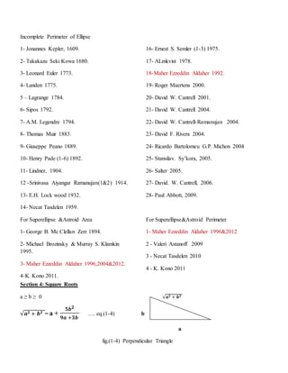 Incomplete Perimeter of Ellipse
1- Jonannes Kepler, 1609.
2- Takakazu Seki Kowa 1680.
3- Leonard Euler 1773.
4- Landen 1775.
5 – Lagrange 1784.
6- Sipos 1792.
7- A.M. Legendre 1794.
8- Thomas Muir 1883.
9- Giuseppe Peano 1889.
10- Henry Pade (1-6) 1892.
11- Lindner, 1904.
12 -Srinivasa Aiyangar Ramanujan(1&2) 1914.
13- E.H. Lock wood 1932.
14- Necat Tasdelen 1959.
16- Ernest S. Semler (1-3) 1975.
17- ALmkvist 1978.
18-Maher Ezzeddin Aldaher 1992.
19- Roger Maertens 2000.
20- David W. Cantrell 2001.
21- David W. Cantrell 2004.
22- David W. Cantrell-Ramanujan 2004.
23- David F. Rivera 2004.
24- Ricardo Bartolomeu G.P. Michon 2004
25- Stansilav. Sy’kora, 2005.
26- Salter 2005.
27- David. W. Cantrell, 2006.
28- Paul Abbott, 2009.
For Superellipse &Astroid Area
1- George B. Mc Clellan Zerr 1894.
2- Michael Brozinsky & Murray S. Klamkin
1995.
3- Maher Ezzeddin Aldaher 1996,2004&2012.
4-K. Kono 2011.
For Superellipse&Astroid Perimeter
1- Maher Ezzeddin Aldaher 1996&2012
2 - Valeri Astanoff 2009
3 - Necat Tasdelen 2010
4 - K. Kono 2011
Section 4: Square Roots
√𝒂 𝟐 + 𝒃 𝟐a ≥ b ≥ 0
√𝒂 𝟐 + 𝒃 𝟐 = a +
𝟓𝒃 𝟐
𝟗𝒂 +𝟑𝒃
…. eq.(1-4) b
a
fig.(1-4) Perpendicular Triangle
 
