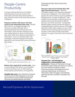 Microsoft Dynamics AX for Government
3
People-Centric
Productivity
Increase workload efficiencies for staff by
providing easy and secure access to the
information and tools they need to perform
their individual roles and by enhancing business
intelligence.
Empower workers with secure real-time
access to the information they need. Tailored
Role Centers, e.g. Budget Manager and
Treasurer, provide individuals with a
personalized experience that presents the
information, tools and tasks relevant to their
roles, allowing them to access and find what
they need, rather than calling on specialists for
information. Users can prioritize tasks, take
advantage of intuitive navigation and report
generation, and connect key business processes
with results.
Reduce time required for routine tasks. Easy-
to-use Employee Self-Service accommodates
common processes such as rapid ordering,
travel expense authorizations, and approvals.
Simplify data entry with a flexible fund-based
chart of accounts that addresses accounting
requirements issued by GASB (Government
Accounting Standards Board) and IPSAS
(International Public Sector Accounting
Standards).
Get more value out of existing data with
agile financial dimensions. Powerful,
embedded analytics and reporting capabilities
put business intelligence in the hands of the
people who need it without requiring additional
development or complex integrations. New
insights into the business of governing can be
obtained and trade-offs between different
decisions and results assessed. Configurable,
flexible budget controls provide the ability to
strategically align limited resources with budget
objectives while instant analysis and up-to-the-
minute financial tracking provide workers with
insight to make timely, fiscally responsible
decisions to support vital citizen and constituent
services.
Increase intra- and interagency
collaboration, communication and
satisfaction. Sharing of information through
SharePoint-based Portals and Services as well as
Lync and Yammer translates to fewer
miscommunications, decreased errors and
improved relationships, as the flow of
information within the agency and between
agencies becomes smoother, consistent and
accurate.
Role Centers provide customized information to users
Powerful business intelligence capabilities aid with effective
decision-making
 
