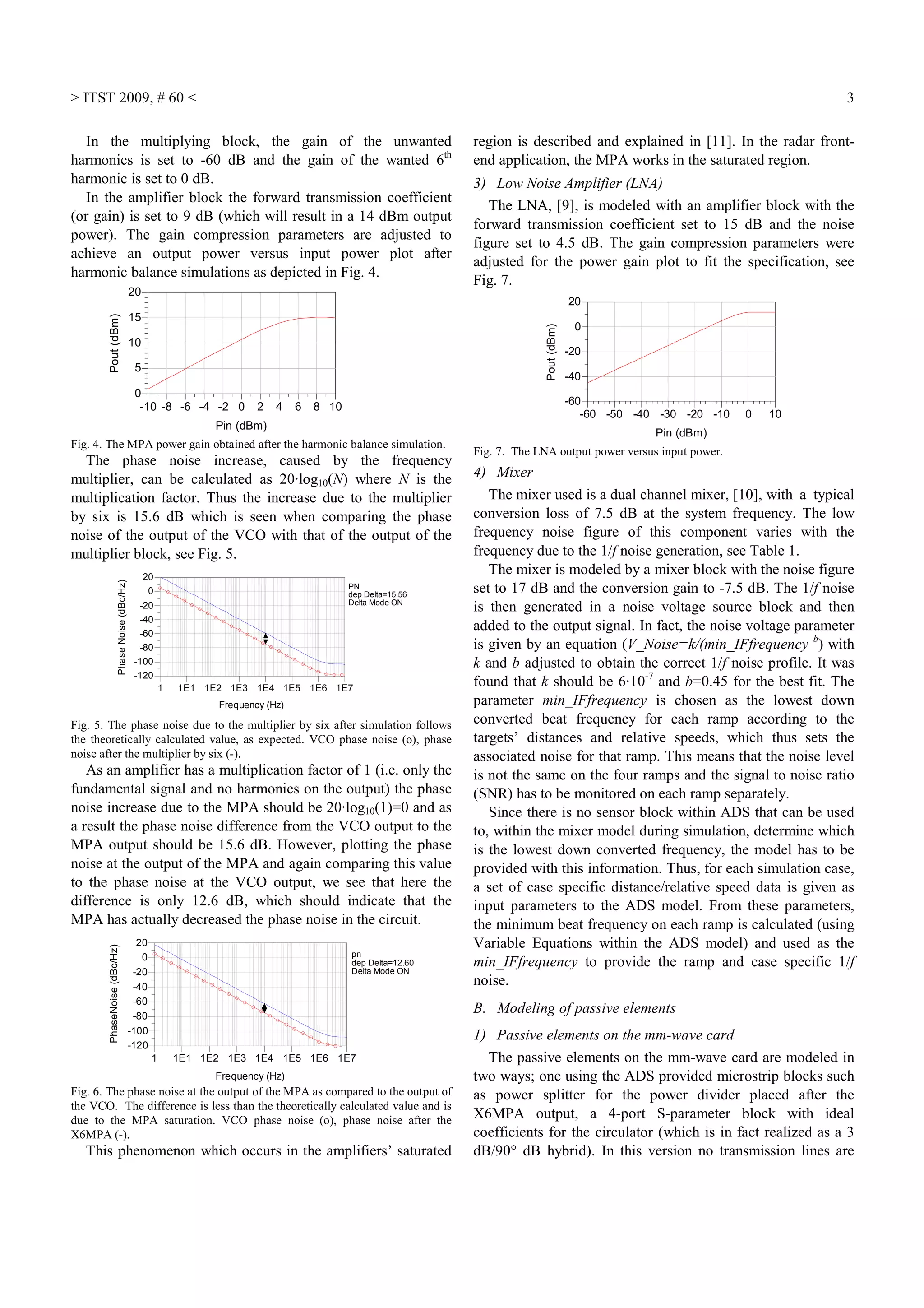 > ITST 2009, # 60 < 3
In the multiplying block, the gain of the unwanted
harmonics is set to -60 dB and the gain of the wanted 6th
harmonic is set to 0 dB.
In the amplifier block the forward transmission coefficient
(or gain) is set to 9 dB (which will result in a 14 dBm output
power). The gain compression parameters are adjusted to
achieve an output power versus input power plot after
harmonic balance simulations as depicted in Fig. 4.
-8 -6 -4 -2 0 2 4 6 8-10 10
5
10
15
0
20
Pin (dBm)
Pout(dBm)
Fig. 4. The MPA power gain obtained after the harmonic balance simulation.
The phase noise increase, caused by the frequency
multiplier, can be calculated as 20·log10(N) where N is the
multiplication factor. Thus the increase due to the multiplier
by six is 15.6 dB which is seen when comparing the phase
noise of the output of the VCO with that of the output of the
multiplier block, see Fig. 5.
1E1 1E2 1E3 1E4 1E5 1E61 1E7
-100
-80
-60
-40
-20
0
-120
20
Frequency (Hz)
PhaseNoise(dBc/Hz)
PN
dep Delta=15.56
Delta Mode ON
Fig. 5. The phase noise due to the multiplier by six after simulation follows
the theoretically calculated value, as expected. VCO phase noise (o), phase
noise after the multiplier by six (-).
As an amplifier has a multiplication factor of 1 (i.e. only the
fundamental signal and no harmonics on the output) the phase
noise increase due to the MPA should be 20·log10(1)=0 and as
a result the phase noise difference from the VCO output to the
MPA output should be 15.6 dB. However, plotting the phase
noise at the output of the MPA and again comparing this value
to the phase noise at the VCO output, we see that here the
difference is only 12.6 dB, which should indicate that the
MPA has actually decreased the phase noise in the circuit.
1E1 1E2 1E3 1E4 1E5 1E61 1E7
-100
-80
-60
-40
-20
0
-120
20
Frequency (Hz)
PhaseNoise(dBc/Hz)
pn
dep Delta=12.60
Delta Mode ON
Fig. 6. The phase noise at the output of the MPA as compared to the output of
the VCO. The difference is less than the theoretically calculated value and is
due to the MPA saturation. VCO phase noise (o), phase noise after the
X6MPA (-).
This phenomenon which occurs in the amplifiers’ saturated
region is described and explained in [11]. In the radar front-
end application, the MPA works in the saturated region.
3) Low Noise Amplifier (LNA)
The LNA, [9], is modeled with an amplifier block with the
forward transmission coefficient set to 15 dB and the noise
figure set to 4.5 dB. The gain compression parameters were
adjusted for the power gain plot to fit the specification, see
Fig. 7.
-50 -40 -30 -20 -10 0-60 10
-40
-20
0
-60
20
Pin (dBm)
Pout(dBm)
Fig. 7. The LNA output power versus input power.
4) Mixer
The mixer used is a dual channel mixer, [10], with a typical
conversion loss of 7.5 dB at the system frequency. The low
frequency noise figure of this component varies with the
frequency due to the 1/f noise generation, see Table 1.
The mixer is modeled by a mixer block with the noise figure
set to 17 dB and the conversion gain to -7.5 dB. The 1/f noise
is then generated in a noise voltage source block and then
added to the output signal. In fact, the noise voltage parameter
is given by an equation (V_Noise=k/(min_IFfrequency b
) with
k and b adjusted to obtain the correct 1/f noise profile. It was
found that k should be 6·10-7
and b=0.45 for the best fit. The
parameter min_IFfrequency is chosen as the lowest down
converted beat frequency for each ramp according to the
targets’ distances and relative speeds, which thus sets the
associated noise for that ramp. This means that the noise level
is not the same on the four ramps and the signal to noise ratio
(SNR) has to be monitored on each ramp separately.
Since there is no sensor block within ADS that can be used
to, within the mixer model during simulation, determine which
is the lowest down converted frequency, the model has to be
provided with this information. Thus, for each simulation case,
a set of case specific distance/relative speed data is given as
input parameters to the ADS model. From these parameters,
the minimum beat frequency on each ramp is calculated (using
Variable Equations within the ADS model) and used as the
min_IFfrequency to provide the ramp and case specific 1/f
noise.
B. Modeling of passive elements
1) Passive elements on the mm-wave card
The passive elements on the mm-wave card are modeled in
two ways; one using the ADS provided microstrip blocks such
as power splitter for the power divider placed after the
X6MPA output, a 4-port S-parameter block with ideal
coefficients for the circulator (which is in fact realized as a 3
dB/90° dB hybrid). In this version no transmission lines are
 