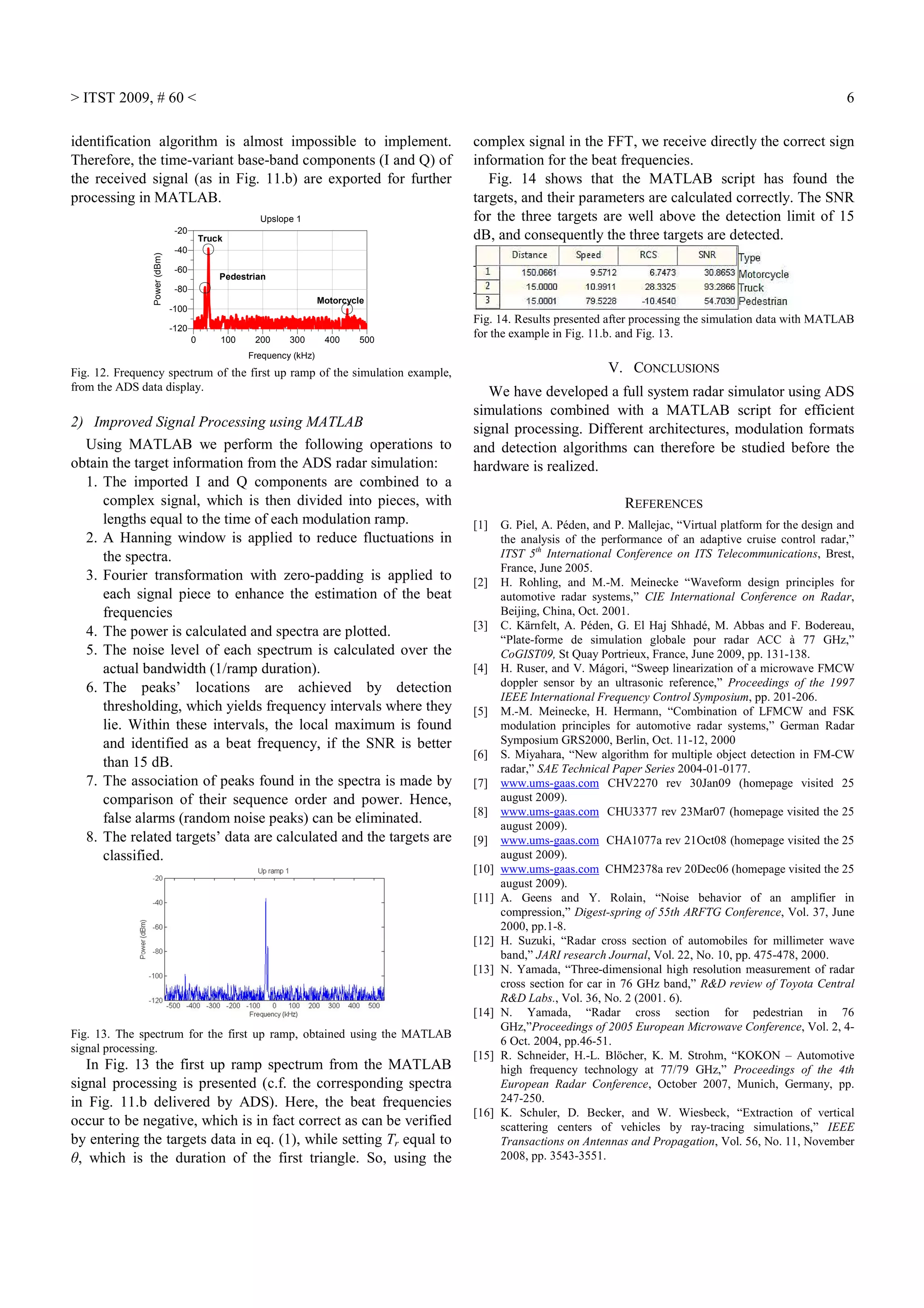 > ITST 2009, # 60 < 6
identification algorithm is almost impossible to implement.
Therefore, the time-variant base-band components (I and Q) of
the received signal (as in Fig. 11.b) are exported for further
processing in MATLAB.
100 200 300 4000 500
-100
-80
-60
-40
-120
-20
Frequency (kHz)
Power(dBm)
Upslope 1
Truck
Pedestrian
Motorcycle
Fig. 12. Frequency spectrum of the first up ramp of the simulation example,
from the ADS data display.
2) Improved Signal Processing using MATLAB
Using MATLAB we perform the following operations to
obtain the target information from the ADS radar simulation:
1. The imported I and Q components are combined to a
complex signal, which is then divided into pieces, with
lengths equal to the time of each modulation ramp.
2. A Hanning window is applied to reduce fluctuations in
the spectra.
3. Fourier transformation with zero-padding is applied to
each signal piece to enhance the estimation of the beat
frequencies
4. The power is calculated and spectra are plotted.
5. The noise level of each spectrum is calculated over the
actual bandwidth (1/ramp duration).
6. The peaks’ locations are achieved by detection
thresholding, which yields frequency intervals where they
lie. Within these intervals, the local maximum is found
and identified as a beat frequency, if the SNR is better
than 15 dB.
7. The association of peaks found in the spectra is made by
comparison of their sequence order and power. Hence,
false alarms (random noise peaks) can be eliminated.
8. The related targets’ data are calculated and the targets are
classified.
Fig. 13. The spectrum for the first up ramp, obtained using the MATLAB
signal processing.
In Fig. 13 the first up ramp spectrum from the MATLAB
signal processing is presented (c.f. the corresponding spectra
in Fig. 11.b delivered by ADS). Here, the beat frequencies
occur to be negative, which is in fact correct as can be verified
by entering the targets data in eq. (1), while setting Tr equal to
θ, which is the duration of the first triangle. So, using the
complex signal in the FFT, we receive directly the correct sign
information for the beat frequencies.
Fig. 14 shows that the MATLAB script has found the
targets, and their parameters are calculated correctly. The SNR
for the three targets are well above the detection limit of 15
dB, and consequently the three targets are detected.
Fig. 14. Results presented after processing the simulation data with MATLAB
for the example in Fig. 11.b. and Fig. 13.
V. CONCLUSIONS
We have developed a full system radar simulator using ADS
simulations combined with a MATLAB script for efficient
signal processing. Different architectures, modulation formats
and detection algorithms can therefore be studied before the
hardware is realized.
REFERENCES
[1] G. Piel, A. Péden, and P. Mallejac, “Virtual platform for the design and
the analysis of the performance of an adaptive cruise control radar,”
ITST 5th
International Conference on ITS Telecommunications, Brest,
France, June 2005.
[2] H. Rohling, and M.-M. Meinecke “Waveform design principles for
automotive radar systems,” CIE International Conference on Radar,
Beijing, China, Oct. 2001.
[3] C. Kärnfelt, A. Péden, G. El Haj Shhadé, M. Abbas and F. Bodereau,
“Plate-forme de simulation globale pour radar ACC à 77 GHz,”
CoGIST09, St Quay Portrieux, France, June 2009, pp. 131-138.
[4] H. Ruser, and V. Mágori, “Sweep linearization of a microwave FMCW
doppler sensor by an ultrasonic reference,” Proceedings of the 1997
IEEE International Frequency Control Symposium, pp. 201-206.
[5] M.-M. Meinecke, H. Hermann, “Combination of LFMCW and FSK
modulation principles for automotive radar systems,” German Radar
Symposium GRS2000, Berlin, Oct. 11-12, 2000
[6] S. Miyahara, “New algorithm for multiple object detection in FM-CW
radar,” SAE Technical Paper Series 2004-01-0177.
[7] www.ums-gaas.com CHV2270 rev 30Jan09 (homepage visited 25
august 2009).
[8] www.ums-gaas.com CHU3377 rev 23Mar07 (homepage visited the 25
august 2009).
[9] www.ums-gaas.com CHA1077a rev 21Oct08 (homepage visited the 25
august 2009).
[10] www.ums-gaas.com CHM2378a rev 20Dec06 (homepage visited the 25
august 2009).
[11] A. Geens and Y. Rolain, “Noise behavior of an amplifier in
compression,” Digest-spring of 55th ARFTG Conference, Vol. 37, June
2000, pp.1-8.
[12] H. Suzuki, “Radar cross section of automobiles for millimeter wave
band,” JARI research Journal, Vol. 22, No. 10, pp. 475-478, 2000.
[13] N. Yamada, “Three-dimensional high resolution measurement of radar
cross section for car in 76 GHz band,” R&D review of Toyota Central
R&D Labs., Vol. 36, No. 2 (2001. 6).
[14] N. Yamada, “Radar cross section for pedestrian in 76
GHz,”Proceedings of 2005 European Microwave Conference, Vol. 2, 4-
6 Oct. 2004, pp.46-51.
[15] R. Schneider, H.-L. Blöcher, K. M. Strohm, “KOKON – Automotive
high frequency technology at 77/79 GHz,” Proceedings of the 4th
European Radar Conference, October 2007, Munich, Germany, pp.
247-250.
[16] K. Schuler, D. Becker, and W. Wiesbeck, “Extraction of vertical
scattering centers of vehicles by ray-tracing simulations,” IEEE
Transactions on Antennas and Propagation, Vol. 56, No. 11, November
2008, pp. 3543-3551.
 