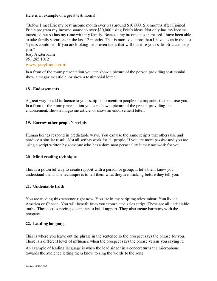 77 sales scripting techniques eric lofholm how to write testimonial letter