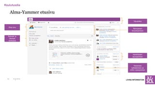 6.11.2014 
23 
Ryhmät ja ulkoiset verkostot 
Ylävalikko 
Päivityksen kirjoittaminen 
Viesteistä tykkääminen ja niihin vastaaminen 
Henkilöiden seuraaminen 
Oma sivu 
Alma-Yammer etusivu  