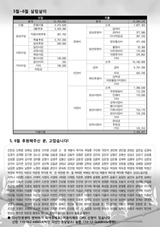 5월~6월 살림살이
                 수입                              지출
           총계         15,754,643           총계                 13,296,242
     이월      전월이월      3,475,628                 소계            1,827,303
              CMS후원    5,503,280                       임대비
                                         경상운영비         관리비      377,980
            자동이체후원      497,703
    경상수입                                              이사적립금     397,703
             특별후원      5,757,200
                                   운영비                정보통신비     471,458
             일반후원        200,000
             일반사업                                   활동비          33,300
                                         일반운영비
             교육사업                                  사무관리비        170,000
    사업수입
             재정사업                                  차량유지비        376,862
             행사사업       130,000                      기타
             결산이자           332                  소계           10,182,900
    기타수입      기타        190,500
                                          급여           급여     9,757,200
              차입금
                                   인건비               식대         425,700
                                                    상여금
                                         복리후생비
                                                 자원활동가지원비
                                                     기타
                                                 소계           1,286,039
                                                   우편발송비        112,320
                                         경상사업비      인쇄비         170,000
                                                     기타
                                                   교육사업비
                                                   행사사업비
                                   사업비
                                         일반사업비     기획사업비        753,170
                                                   현안사업비        125,239
                                                     기타
                                                    분담금
                                         연대사업비      후원금
                                                     기타         125,310
              차월이월                                            2,458,401


 5, 6월 후원해주신 분, 고맙습니다!

간은균 간호중 강복심 강윤정 고미영 고성준 고 영 곽봉식 곽지숙 곽창훈 구선희 국찬석 권민희 권인철 권정순 길은실 김경숙
김경지 김계향 김기헌 김노진 김대술 김동겸 김동균 김동우 김명준 김문정 김미숙 김민규 김병곤 김병선 김상곤 김상기 김성종
김성중 김성태 김수영 김아름 김영기 김영주 김용신 김원규 김윤경 김윤종 김윤희 김은경 김은총 김재욱 김종태 김주이 김준성
김지수 김지연 김진성 김진우 김진혁 김칠준 김태교 김태균 김태환 김학성 김화준 김현주 김현창 김현철 김형일 김혜령 김희연
남길현 남영숙 남현우 노영란 류용웅 문민수 문숙희 민진영 박관우 박민수 박선희 박설규 박성희 박숙경 박영재 박재형 박정근
박정희 박주민 박준모 박준영 박지영 박 찬 박찬병 박 철 박태현 박혜상 배기성 배용석 백수영 백아형 백종수 삼성노동조합
서미나 서미향 서윤수 서재덕 서정리 서정희 서태정 서채원 석권호 성명애 송명훈 송연주 송용기 송원찬 송인숙 송주현 승혜신
신남균 신동석 신성원 신유아 신은정 안병주 안상용 안정희 안진영 양기석 양민재 엄명환 여운철 오동석 오석경 오세범 오일용
오준원 오준희 오춘상 왕윤정 원선옥 원영기 유미희 유정은 유준영 유지혜 육대웅 육성철 윤권영 윤영훈 윤은수 윤태관 이가영
이강복 이계수 이광훈 이근랑 이기원 이기은 이기자 이기주 이길순 이문영 이민정 이범희 이병삼 이봉임 이상무 이상목 이상언
이선용 이선희 이세훈 이순일 이승규 이연민 이연진 이영기 이영문 이영미 이용덕 이용석 이우상 이은별 이정무 이정희 이종란
이종수 이종순 이주현 이창림 이필주 이학준 이향숙 이현찬 이호헌 임대철 임성민 임수현 임시정 임양숙 임혜경 장계순 장대전
장명호 장성옥 장세민 장소영 장여경 장진욱 장혜진 전인숙 정건희 정미현 정상용 정 민 정연희 정용진 정태욱 정현경 정 희
조건준 조명진 조병희 조상현 조성범 조지훈 주재억 진상범 천 진 최강호 최서영 최성규 최영롱 최혁진 최형규 태상미 한건희
한상운 한수연 한준경 황영숙 허 선 홍영덕 홍의표 홍진숙 황필규 황현수
● 다산인권센터 벗바리가 되어주세요! 자동이체와 CMS 신청이 있습니다.
  신한 110-062-448424(박진 다산인권상담소) 농협 116-12-264081(노영란)
 