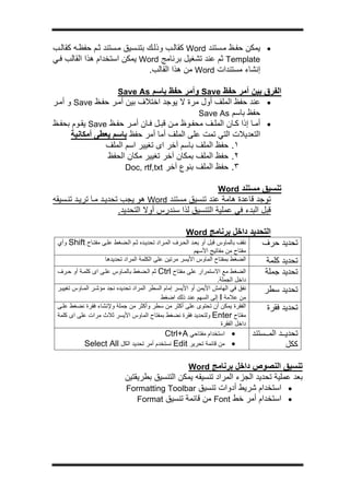 ‫ج‬




‫• ﻳﻤﻜﻦ ﺣﻔ ﻆ ﻣ ﺴﺘﻨﺪ ‪ Word‬آﻘﺎﻟ ﺐ وذﻟ ﻚ ﺑﺘﻨ ﺴﻴﻖ ﻣ ﺴﺘﻨﺪ ﺛ ﻢ ﺣﻔﻈ ﻪ آﻘﺎﻟ ﺐ‬
‫‪ Template‬ﺛﻢ ﻋﻨﺪ ﺗﺸﻐﻴﻞ ﺑﺮﻧﺎﻣﺞ ‪ Word‬ﻳﻤﻜﻦ اﺳﺘﺨﺪام هﺬا اﻟﻘﺎﻟﺐ ﻓ ﻲ‬
                                ‫إﻧﺸﺎء ﻣﺴﺘﻨﺪات ‪ Word‬ﻣﻦ هﺬا اﻟﻘﺎﻟﺐ.‬

                    ‫اﻟﻔﺮق ﺑﻴﻦ أﻣﺮ ﺣﻔﻆ ‪ Save‬وأﻣﺮ ﺣﻔﻆ ﺑﺎﺳﻢ ‪Save As‬‬
‫• ﻋﻨﺪ ﺣﻔﻆ اﻟﻤﻠﻒ أول ﻣﺮة ﻻ ﻳﻮﺟﺪ اﺧﺘﻼف ﺑﻴﻦ أﻣ ﺮ ﺣﻔ ﻆ ‪ Save‬و أﻣ ﺮ‬
                                              ‫ﺣﻔﻆ ﺑﺎﺳﻢ ‪Save As‬‬
‫• أﻣ ﺎ إذا آ ﺎن اﻟﻤﻠ ﻒ ﻣﺤﻔ ﻮظ ﻣ ﻦ ﻗﺒ ﻞ ﻓ ﺎن أﻣ ﺮ ﺣﻔ ﻆ ‪ Save‬ﻳﻘ ﻮم ﺑﺤﻔ ﻆ‬
      ‫اﻟﺘﻌﺪﻳﻼت اﻟﺘﻲ ﺗﻤﺖ ﻋﻠﻰ اﻟﻤﻠﻒ أﻣﺎ أﻣﺮ ﺣﻔﻆ ﺑﺎﺳﻢ ﻳﻌﻄﻰ أﻣﻜﺎﻧﻴﺔ‬
                ‫١. ﺣﻔﻆ اﻟﻤﻠﻒ ﺑﺎﺳﻢ ﺁﺧﺮ اى ﺗﻐﻴﻴﺮ اﺳﻢ اﻟﻤﻠﻒ‬
                 ‫٢. ﺣﻔﻆ اﻟﻤﻠﻒ ﺑﻤﻜﺎن ﺁﺧﺮ ﺗﻐﻴﻴﺮ ﻣﻜﺎن اﻟﺤﻔﻆ‬
                      ‫٣. ﺣﻔﻆ اﻟﻤﻠﻒ ﺑﻨﻮع ﺁﺧﺮ ‪Doc, rtf,txt‬‬

                                                                    ‫ﺗﻨﺴﻴﻖ ﻣﺴﺘﻨﺪ ‪Word‬‬
‫ﺗﻮﺟﺪ ﻗﺎﻋﺪة هﺎﻣﺔ ﻋﻨﺪ ﺗﻨﺴﻴﻖ ﻣﺴﺘﻨﺪ ‪ Word‬هﻮ ﻳﺠﺐ ﺗﺤﺪﻳ ﺪ ﻣ ﺎ ﺗﺮﻳ ﺪ ﺗﻨ ﺴﻴﻘﻪ‬
                        ‫ﻗﺒﻞ اﻟﺒﺪء ﻓﻲ ﻋﻤﻠﻴﺔ اﻟﺘﻨﺴﻴﻖ ﻟﺬا ﺳﻨﺪرس أوﻻ اﻟﺘﺤﺪﻳﺪ.‬

                                                      ‫اﻟﺘﺤﺪﻳﺪ داﺧﻞ ﺑﺮﻧﺎﻣﺞ ‪Word‬‬
 ‫ﻧﻘﻒ ﺑﺎﻟﻤﺎوس ﻗﺒﻞ أو ﺑﻌ ﺪ اﻟﺤ ﺮف اﻟﻤ ﺮاد ﺗﺤﺪﻳ ﺪﻩ ﺛ ﻢ اﻟ ﻀﻐﻂ ﻋﻠ ﻰ ﻣﻔﺘ ﺎح ‪ Shift‬وأي‬      ‫ﺗﺤﺪﻳﺪ ﺣﺮف‬
                                                          ‫ﻣﻔﺘﺎح ﻣﻦ ﻣﻔﺎﺗﻴﺢ اﻷﺳﻬﻢ‬
                   ‫اﻟﻀﻐﻂ ﺑﻤﻔﺘﺎح اﻟﻤﺎوس اﻷﻳﺴﺮ ﻣﺮﺗﻴﻦ ﻋﻠﻰ اﻟﻜﻠﻤﺔ اﻟﻤﺮاد ﺗﺤﺪﻳﺪهﺎ‬           ‫ﺗﺤﺪﻳﺪ آﻠﻤﺔ‬
 ‫اﻟﻀﻐﻂ ﻣﻊ اﻻﺳﺘﻤﺮار ﻋﻠﻰ ﻣﻔﺘﺎح ‪ Ctrl‬ﺛﻢ اﻟ ﻀﻐﻂ ﺑﺎﻟﻤ ﺎوس ﻋﻠ ﻰ اى آﻠﻤ ﺔ أو ﺣ ﺮف‬             ‫ﺗﺤﺪﻳﺪ ﺟﻤﻠﺔ‬
                                                                   ‫داﺧﻞ اﻟﺠﻤﻠﺔ.‬
 ‫ﻧﻔﻖ ﻓﻲ اﻟﻬﺎﻣﺶ اﻷﻳﻤﻦ أو اﻷﻳﺴﺮ إﻣﺎم اﻟﺴﻄﺮ اﻟﻤﺮاد ﺗﺤﺪﻳﺪﻩ ﻧﺠﺪ ﻣﺆﺷ ﺮ اﻟﻤ ﺎوس ﺗﻐﻴﻴ ﺮ‬       ‫ﺗﺤﺪﻳﺪ ﺳﻄﺮ‬
                                            ‫ﻣﻦ ﻋﻼﻣﺔ ‪ I‬إﻟﻰ اﻟﺴﻬﻢ ﻋﻨﺪ ذﻟﻚ اﺿﻐﻂ‬
 ‫اﻟﻔﻘﺮة ﻳﻤﻜﻦ أن ﺗﺤﺘﻮى ﻋﻠﻰ أآﺜﺮ ﻣﻦ ﺳﻄﺮ وأآﺜﺮ ﻣﻦ ﺟﻤﻠﺔ وﻹﻧﺸﺎء ﻓﻘﺮة ﻧﻀﻐﻂ ﻋﻠ ﻰ‬              ‫ﺗﺤﺪﻳﺪ ﻓﻘﺮة‬
 ‫ﻣﻔﺘﺎح ‪ Enter‬وﻟﺘﺤﺪﻳﺪ ﻓﻘﺮة ﻧﻀﻐﻂ ﺑﻤﻔﺘﺎح اﻟﻤﺎوس اﻷﻳﺴﺮ ﺛﻼث ﻣﺮات ﻋﻠﻰ اى آﻠﻤﺔ‬
                                                                     ‫داﺧﻞ اﻟﻔﻘﺮة‬
                                              ‫• اﺳﺘﺨﺪام ﻣﻔﺘﺎﺣﻲ ‪Ctrl+A‬‬              ‫ﺗﺤﺪﻳ ﺪ اﻟﻤ ﺴﺘﻨﺪ‬
            ‫• ﻣﻦ ﻗﺎﺋﻤﺔ ﺗﺤﺮﻳﺮ ‪ Edit‬ﻧﺴﺘﺨﺪم أﻣﺮ ﺗﺤﺪﻳﺪ اﻟﻜﻞ ‪Select All‬‬                            ‫آﻜﻞ‬

                                                       ‫ﺗﻨﺴﻴﻖ اﻟﻨﺼﻮص داﺧﻞ ﺑﺮﻧﺎﻣﺞ ‪Word‬‬
                             ‫ﺑﻌﺪ ﻋﻤﻠﻴﺔ ﺗﺤﺪﻳﺪ اﻟﺠﺰء اﻟﻤﺮاد ﺗﻨﺴﻴﻘﻪ ﻳﻤﻜﻦ اﻟﺘﻨﺴﻴﻖ ﺑﻄﺮﻳﻘﺘﻴﻦ‬
                             ‫• اﺳﺘﺨﺪام ﺷﺮﻳﻂ أدوات ﺗﻨﺴﻴﻖ ‪Formatting Toolbar‬‬
                                 ‫• اﺳﺘﺨﺪام أﻣﺮ ﺧﻂ ‪ Font‬ﻣﻦ ﻗﺎﺋﻤﺔ ﺗﻨﺴﻴﻖ ‪Format‬‬
 