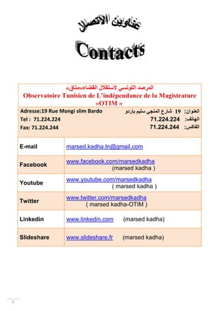 «‫انًزصذ انزَٕسً السزمالل انمضبء»يزبق‬
     Observatoire Tunisien de L’indépendance de la Magistrature
                              «OTIM »
    Adresse:19 Rue Mongi slim Bardo      ٔ‫العنوان: 91 شبرع انًُجً سهٍى ثبرد‬
    Tel : 71.224.224                                 71.224.224 :‫الهاتف‬
    Fax: 71.224.244                                  71.224.244 :‫الفاكس‬


    E-mail           marsed.kadha.tn@gmail.com

                     www.facebook.com/marsedkadha
    Facebook
                                    )marsed kadha (
                     www.youtube.com/marsedkadha
    Youtube
                                    ) marsed kadha (
                     www.twitter.com/marsedkadha
    Twitter
                           ) marsed kadha-OTIM (

    Linkedin         www.linkedin.com    (marsed kadha)


    Slideshare       www.slideshare.fr   (marsed kadha)




7
 