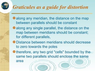 Graticules as a guide for distortion
along any meridian, the distance on the map
between parallels should be constant
along any single parallel, the distance on the
map between meridians should be constant;
for different parallels,
Distance between meridians should decrease
to zero towards the poles
therefore, any two grid "cells" bounded by the
same two parallels should enclose the same
area

 