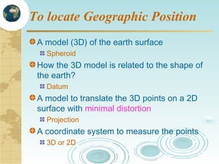 To locate Geographic Position
A model (3D) of the earth surface
Spheroid

How the 3D model is related to the shape of
the earth?
Datum

A model to translate the 3D points on a 2D
surface with minimal distortion
Projection

A coordinate system to measure the points
3D or 2D

 
