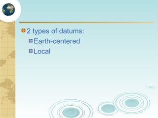 2 types of datums:
Earth-centered
Local

 
