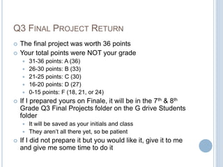 Q3 FINAL PROJECT RETURN
 The final project was worth 36 points
 Your total points were NOT your grade
 31-36 points: A (36)
 26-30 points: B (33)
 21-25 points: C (30)
 16-20 points: D (27)
 0-15 points: F (18, 21, or 24)
 If I prepared yours on Finale, it will be in the 7th & 8th
Grade Q3 Final Projects folder on the G drive Students
folder
 It will be saved as your initials and class
 They aren’t all there yet, so be patient
 If I did not prepare it but you would like it, give it to me
and give me some time to do it
 