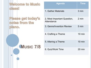 MUSIC 7/8
Agenda Time
1. Gather Materials 3 min
2. Most Important Question,
Attendance
2 min
3. Genre/Invention Review 5 min
4. Crafting a Theme 10 min
5. Altering a Theme 10 min
6. Quiz/Work Time 20 min
 