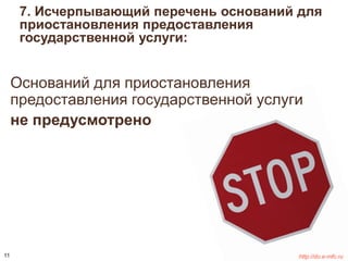 7. Исчерпывающий перечень оснований для 
приостановления предоставления 
государственной услуги: 
Оснований для приостановления 
предоставления государственной услуги 
не предусмотрено 
11 http://do.e-mfc.ru 
 