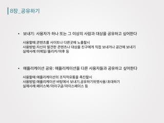 8장_공유하기
•  보내기: 사용자가 하나 또는 그 이상의 사람과 대상을 공유하고 싶어한다
사용할때:콘텐츠를 사이트나 다른곳에 노출할시
사용방법:자신이 발견한 콘텐츠나 대상을 친구에게 직접 보내거나 공간에 보내기
실제사례:이메일/플리커/야후 등
•  애플리케이션 공유: 애플리케이션을 다른 사용자들과 공유하고 싶어한다
사용할때:애플리케이션의 조직적유통을 촉진할시
사용방법:애플리케이션 바탕에서 보내기,공유하기위젯사용/초대하기
실제사례:페이스북/아이구글/마이스페이스 등
 