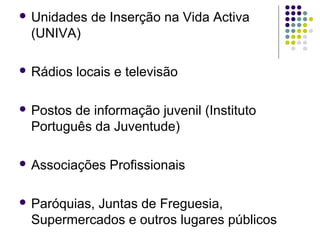  Unidades de Inserção na Vida Activa
(UNIVA)
 Rádios locais e televisão
 Postos de informação juvenil (Instituto
Português da Juventude)
 Associações Profissionais
 Paróquias, Juntas de Freguesia,
Supermercados e outros lugares públicos
 