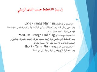 *(
‫ب‬
)
‫الزمين‬ ‫املدى‬ ‫حسب‬ ‫التخطيط‬

-
‫املدى‬ ‫طويل‬ ‫التخطيط‬
Long - range Planning
‫سنوات‬ ‫مخس‬ ‫الفرتة‬ ‫أن‬ ً‫ا‬‫نسبي‬ ‫القول‬ ‫وميكن‬ ،‫طويلة‬ ‫زمنية‬ ‫فرتة‬ ‫يغطي‬ ‫الذي‬ ‫وهو‬
‫فما‬
‫املدى‬ ‫طويل‬ ‫ختطيط‬ ‫فرتة‬ ‫هي‬ ‫فوق‬
.
-
‫املدى‬ ‫متوسط‬ ‫التخطيط‬
Medium - range Planning
‫وهو‬
‫بقصرية‬ ‫وليست‬ ‫بطويلة‬ ‫ليست‬ ‫زمنية‬ ‫فرتة‬ ‫يغطي‬ ‫الذي‬ ‫التخطيط‬
..
‫ويغط‬
‫يف‬ ‫ي‬
‫سنوات‬ ‫مخسة‬ ‫عن‬ ‫وتقل‬ ‫سنة‬ ‫عن‬ ‫تزيد‬ ‫فرتة‬ ‫الغالب‬
.
-
‫املدى‬ ‫قصري‬ ‫التخطيط‬
Short - Term Planning
‫السنة‬ ‫عن‬ ‫تقل‬ ‫زمنية‬ ‫فرتة‬ ‫يغطي‬ ‫الذي‬ ‫التخطيط‬ ‫وهو‬
.
 