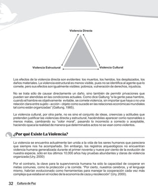 Los efectos de la violencia directa son evidentes: los muertos, los heridos, los desplazados, los
daños materiales. La violencia estructural es menos visible, pues no se identifica al agente que lo
comete, pero sus efectos son igualmente visibles: pobreza, vulneración de derechos, injusticia.
No se trata sólo de causar directamente un daño, sino también de permitir privaciones que
pueden ser atendidas en las condiciones actuales. Como dice Galtung “si la gente pasa hambre,
cuando el hambre es objetivamente evitable, se comete violencia, sin importar que haya o no una
relación clara entre sujeto - acción - objeto como sucede en las relaciones económicas mundiales
tal como están organizadas” (Galtung, 1985).
La violencia cultural, por otra parte, no es sino el conjunto de ideas, creencias y actitudes que
pretenden justificar las violencias directa y estructural, haciéndolas aparecer como razonables o
menos malas, cambiando su “color moral”, pasando lo incorrecto a correcto o aceptable,
haciendo opaca la realidad de manera que determinados actos no se vean como violentos.
¿Por qué Existe La Violencia?
La violencia se encuentra actualmente tan unida a la vida de los seres humanos que pareciera
que siempre nos ha acompañado. Sin embargo, los registros arqueológicos no encuentran
violencia humana generalizada durante el primer noventa y nueve por ciento de la evolución de
nuestra especie, sólo en los últimos 10,000 años hay pruebas abundantes y claras de violencia
organizada (Ury, 2000)
Por el contrario, la clave para la supervivencia humana ha sido la capacidad de cooperar en
metas comunes, como la protección y la comida. “Por cierto, nuestros cerebros, y el lenguaje
mismo, habrían evolucionado como herramientas para manejar la cooperación cada vez más
compleja que estaba en el núcleo de la economía de caza y recolección” (Ury, 2000).
Violencia Estructural Violencia Cultural
Violencia Directa
32 Cultura de Paz
 