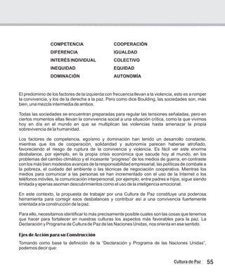 55
Cultura de Paz
COMPETENCIA COOPERACIÓN
DIFERENCIA IGUALDAD
INTERÉS INDIVIDUAL COLECTIVO
INEQUIDAD EQUIDAD
DOMINACIÓN AUTONOMÍA
El predominio de los factores de la izquierda con frecuencia llevan a la violencia, esto es a romper
la convivencia, y los de la derecha a la paz. Pero como dice Boulding, las sociedades son, más
bien, una mezcla intermedia de ambos.
Todas las sociedades se encuentran preparadas para regular las tensiones señaladas, pero en
ciertos momentos ellas llevan la convivencia social a una situación crítica, como la que vivimos
hoy en día en el mundo en que se multiplican las violencias hasta amenazar la propia
sobrevivencia de la humanidad.
Los factores de competencia, egoísmo y dominación han tenido un desarrollo constante,
mientras que los de cooperación, solidaridad y autonomía parecen haberse atrofiado,
favoreciendo el riesgo de ruptura de la convivencia y violencia. Es fácil ver este enorme
desbalance, por ejemplo, en la propia crisis económica que sacude hoy al mundo, en los
problemas del cambio climático y el incesante “progreso” de los medios de guerra, en contraste
con los más bien modestos avances de la responsabilidad empresarial, las políticas de combate a
la pobreza, el cuidado del ambiente o las técnicas de negociación cooperativa. Mientras los
medios para comunicar a las personas se han incrementado con el uso de la Internet o los
teléfonos móviles, la comunicación interpersonal, por ejemplo, entre padres e hijos, sigue siendo
limitada y apenas asoman descubrimientos como el uso de la inteligencia emocional.
En este contexto, la propuesta de trabajar por una Cultura de Paz constituye una poderosa
herramienta para corregir esos desbalances y contribuir así a una convivencia fuertemente
orientada a la construcción de la paz.
Para ello, necesitamos identificar lo más precisamente posible cuales son las cosas que tenemos
que hacer para fortalecer en nuestras culturas los aspectos más favorables para la paz. La
Declaración y Programa de Cultura de Paz de las Naciones Unidas, nos orienta en ese sentido.
Ejes de Acción para su Construcción
Tomando como base la definición de la “Declaración y Programa de las Naciones Unidas”,
podemos decir que:
 