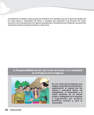 90 Cultura de Paz
Es una visión de los negocios que
integra a la gestión de la empresa u
organización, el respeto por los
valores y principios éticos, los
trabajadores, la comunidad y el
medio ambiente. Es un interés
propio e inteligente de la empresa
u organización por producir
beneficios propios y para la
comunidad.
La Responsabilidad Social, una Forma de Incluir a la Comunidad
en el Progreso de la Empresa
normalmente no llegan. Estos grupos de población son aquellos que por lo general resultan ser
los más pobres y vulnerables de todos, o aquellos que presentan una situación de mayor
exclusión como las personas con alguna discapacidad, las poblaciones indígenas, las personas
de la tercera edad, los pobres extremos, entre otros.
 