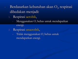 - Berdasarkan kebutuhan akan OBerdasarkan kebutuhan akan O22, respirasi, respirasi
dibedakan menjadi:dibedakan menjadi:
1.1. RespirasiRespirasi aerobikaerobik,,
- Menggunakan OMenggunakan O22 bebas untuk mendapatkanbebas untuk mendapatkan
energi.energi.
2.2. RespirasiRespirasi anaerobikanaerobik,,
-- Tidak menggunakan OTidak menggunakan O22 bebas untukbebas untuk
mendapatkan energi.mendapatkan energi.
 