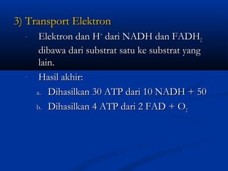 3) Transport Elektron3) Transport Elektron
- Elektron dan HElektron dan H++
dari NADH dan FADHdari NADH dan FADH22
dibawa dari substrat satu ke substrat yangdibawa dari substrat satu ke substrat yang
lain.lain.
- Hasil akhir:Hasil akhir:
a.a. Dihasilkan 30 ATP dari 10 NADH + 50Dihasilkan 30 ATP dari 10 NADH + 50
b.b. Dihasilkan 4 ATP dari 2 FAD + ODihasilkan 4 ATP dari 2 FAD + O22
 