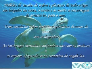 As tartarugas marinhas confundem-nas com as medusas e  as comem, afogando-se na tentativa de engoli-las.   Milhões de sacolas de nylon e plásticos de todo o tipo  são largados na costa, o vento e as marés se encarregam  de arrastá-los para o mar.   Uma sacola de nylon pode navegar várias dezenas de anos  sem se degradar. 
