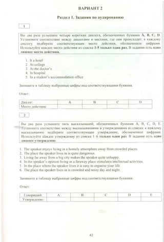 ВАРИАНТ 2
Раздел 1. Задания по аудированию
1
Вы два раза услышите четыре коротких диалога, обозначенных буквами А, В, С, D.
Установите соответствие между диалогами и местами, где они происходят: к каждому
диалогу подберите соответствующее место действия, обозначенное цифрами.
Используйте каждое место действия из списка 1-5 только один раз. В задании есть одно
лишнее место действия.____________________________________________________________
1. It a hotel
2. At college
3. At the doctor’s
4. In hospital
5. In a student’s accommodation office
Запишите в таблицу выбранные цифры под соответствующими буквами.
Ответ:
Диалог: А В С D
Место действия:
2
Вы два раза услышите пять высказываний, обозначенных буквами А, В, С, D, Е.
установите соответствие между высказываниями и утверждениями из списка: к каждому
высказыванию подберите соответствующее утверждение, обозначенное цифрами.
Используйте каждое утверждение из списка 1-6 только один раз. В задании есть одно
лишнее утверждение. __________________________________________________________
1. The speaker enjoys living in a homely atmosphere away from crowded places.
2. The place the speaker lives in is quite dangerous.
3. Living far away from a big city makes the speaker quite unhappy.
4. In the speaker’s opinion living in a faraway place stimulates intellectual activities.
5. In the place where the speaker lives it is easy to organise your life.
6. The place the speaker lives in is crowded and noisy day and night.
Запишите в таблицу выбранные цифры под соответствующими буквами.
Ответ:
Говорящий: А В С D Е
Утверждение:
42
 