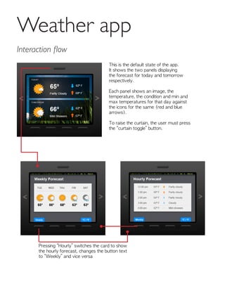 Weather app
Interaction flow
This is the default state of the app.
It shows the two panels displaying
the forecast for today and tomorrow
respectively.
Each panel shows an image, the
temperature, the condition and min and
max temperatures for that day against
the icons for the same (red and blue
arrows).
To raise the curtain, the user must press
the “curtain toggle” button.
Pressing “Hourly” switches the card to show
the hourly forecast, changes the button text
to “Weekly” and vice versa
 