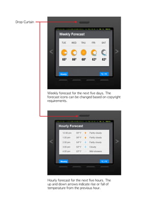 Weekly forecast for the next five days. The
forecast icons can be changed based on copyright
requirements.
Drop Curtain
Hourly forecast for the next five hours. The
up and down arrows indicate rise or fall of
temperature from the previous hour.
 