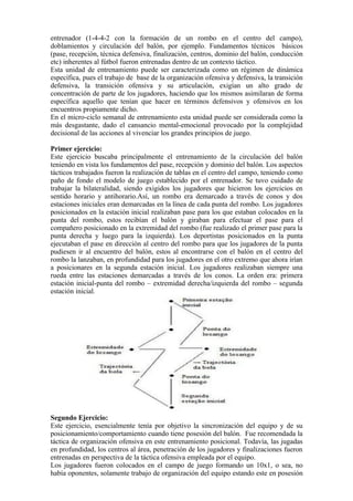 entrenador (1-4-4-2 con la formación de un rombo en el centro del campo),
doblamientos y circulación del balón, por ejemplo. Fundamentos técnicos básicos
(pase, recepción, técnica defensiva, finalización, centros, dominio del balón, conducción
etc) inherentes al fútbol fueron entrenadas dentro de un contexto táctico.
Esta unidad de entrenamiento puede ser caracterizada como un régimen de dinámica
específica, pues el trabajo de base de la organización ofensiva y defensiva, la transición
defensiva, la transición ofensiva y su articulación, exigían un alto grado de
concentración de parte de los jugadores, haciendo que los mismos asimilaran de forma
específica aquello que tenían que hacer en términos defensivos y ofensivos en los
encuentros propiamente dicho.
En el micro-ciclo semanal de entrenamiento esta unidad puede ser considerada como la
más desgastante, dado el cansancio mental-emocional provocado por la complejidad
decisional de las acciones al vivenciar los grandes principios de juego.
Primer ejercicio:
Este ejercicio buscaba principalmente el entrenamiento de la circulación del balón
teniendo en vista los fundamentos del pase, recepción y dominio del balón. Los aspectos
tácticos trabajados fueron la realización de tablas en el centro del campo, teniendo como
paño de fondo el modelo de juego establecido por el entrenador. Se tuvo cuidado de
trabajar la bilateralidad, siendo exigidos los jugadores que hicieron los ejercicios en
sentido horario y antihorario.Así, un rombo era demarcado a través de conos y dos
estaciones iniciales eran demarcadas en la línea de cada punta del rombo. Los jugadores
posicionados en la estación inicial realizaban pase para los que estaban colocados en la
punta del rombo, estos recibían el balón y giraban para efectuar el pase para el
compañero posicionado en la extremidad del rombo (fue realizado el primer pase para la
punta derecha y luego para la izquierda). Los deportistas posicionados en la punta
ejecutaban el pase en dirección al centro del rombo para que los jugadores de la punta
pudiesen ir al encuentro del balón, estos al encontrarse con el balón en el centro del
rombo la lanzaban, en profundidad para los jugadores en el otro extremo que ahora irían
a posicionares en la segunda estación inicial. Los jugadores realizaban siempre una
rueda entre las estaciones demarcadas a través de los conos. La orden era: primera
estación inicial-punta del rombo – extremidad derecha/izquierda del rombo – segunda
estación inicial.
Segundo Ejercicio:
Este ejercicio, esencialmente tenía por objetivo la sincronización del equipo y de su
posicionamiento/comportamiento cuando tiene posesión del balón. Fue recomendada la
táctica de organización ofensiva en este entrenamiento posicional. Todavía, las jugadas
en profundidad, los centros al área, penetración de los jugadores y finalizaciones fueron
entrenadas en perspectiva de la táctica ofensiva empleada por el equipo.
Los jugadores fueron colocados en el campo de juego formando un 10x1, o sea, no
había oponentes, solamente trabajo de organización del equipo estando este en posesión
 
