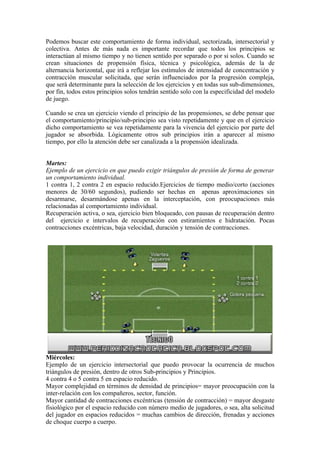 Podemos buscar este comportamiento de forma individual, sectorizada, intersectorial y
colectiva. Antes de más nada es importante recordar que todos los principios se
interactúan al mismo tiempo y no tienen sentido por separado o por si solos. Cuando se
crean situaciones de propensión física, técnica y psicológica, además de la de
alternancia horizontal, que irá a reflejar los estímulos de intensidad de concentración y
contracción muscular solicitada, que serán influenciados por la progresión compleja,
que será determinante para la selección de los ejercicios y en todas sus sub-dimensiones,
por fin, todos estos principios solos tendrán sentido solo con la especificidad del modelo
de juego.
Cuando se crea un ejercicio viendo el principio de las propensiones, se debe pensar que
el comportamiento/principio/sub-principio sea visto repetidamente y que en el ejercicio
dicho comportamiento se vea repetidamente para la vivencia del ejercicio por parte del
jugador se absorbida. Lógicamente otros sub principios irán a aparecer al mismo
tiempo, por ello la atención debe ser canalizada a la propensión idealizada.
Martes:
Ejemplo de un ejercicio en que puedo exigir triángulos de presión de forma de generar
un comportamiento individual.
1 contra 1, 2 contra 2 en espacio reducido.Ejercicios de tiempo medio/corto (acciones
menores de 30/60 segundos), pudiendo ser hechas en apenas aproximaciones sin
desarmarse, desarmándose apenas en la interceptación, con preocupaciones más
relacionadas al comportamiento individual.
Recuperación activa, o sea, ejercicio bien bloqueado, con pausas de recuperación dentro
del ejercicio e intervalos de recuperación con estiramientos e hidratación. Pocas
contracciones excéntricas, baja velocidad, duración y tensión de contracciones.
Miércoles:
Ejemplo de un ejercicio intersectorial que puedo provocar la ocurrencia de muchos
triángulos de presión, dentro de otros Sub-principios y Principios.
4 contra 4 o 5 contra 5 en espacio reducido.
Mayor complejidad en términos de densidad de principios= mayor preocupación con la
inter-relación con los compañeros, sector, función.
Mayor cantidad de contracciones excéntricas (tensión de contracción) = mayor desgaste
fisiológico por el espacio reducido con número medio de jugadores, o sea, alta solicitud
del jugador en espacios reducidos = muchas cambios de dirección, frenadas y acciones
de choque cuerpo a cuerpo.
 