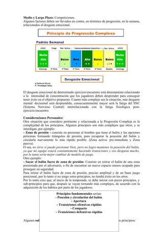Medio y Largo Plazo: Competiciones.
Algunos factores deben ser llevados en contra, en términos de progresión, en la semana,
relacionados al desgaste emocional.
El desgaste emocional de determinado ejercicio/encuentro está directamente relacionado
a la intensidad de concentración que los jugadores deben desprender para conseguir
tener éxito en el objetivo propuesto. Cuanto más compleja sea la situación, más desgaste
mental/ decisional será desprendido, consecuentemente mayor será la fatiga del SNC
(Sistema Nervioso Central) interrelacionada con la fatiga fisiológica post-
ejercicio/encuentro.
Consideraciones Personales:
Otra situación que considero pertinente y relacionada a la Progresión Compleja es la
complejidad de los principios. Algunos principios son más complejos que otros, y se
interdigan, por ejemplo:
- Zona de presión - consiste en presionar al hombre que tiene el balón y las opciones
próximas formando triángulos de presión, para recuperar la posesión del balón y
circularla nuevamente lo más rápido posible. (Zona activa- pre-inmediata y Zona
pasiva).
O sea, no sirve si puedo presionar bien, pero no logro mantener la posesión del balón,
ya que mi equipo estará constantemente haciendo transiciones y eso desgasta mucho,
por lo tanto sería mejor cambiar de modelo de juego.
Otro ejemplo:
- Sacar el balón fuera de zona de presión: Consiste en retirar el balón de una zona
presionada por el adversario, a fin de encontrar un nuevo espacio menos ocupado para
proseguir en seguridad.
Para retirar el balón fuera de zona de presión, preciso amplitud y de un buen juego
posicional, por lo tanto si no tengo estos principios, no tendré éxito en los otros.
Por lo tanto creo que, al inicio de la temporada, se debe iniciar con pocos principios, y
sub-principios para que, después se vayan tornando más complejos, de acuerdo con la
adquisición de los hábitos por parte de los jugadores.
Algunos sub-principios inicialmente importantes distribuidos en diversos principios:
Principios fundamentales serían:
- Posesión y circulación del balón.
- Apertura
- Transiciones ofensivas rápidas
- Compacto
- Transiciones defensivas rápidas
 