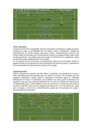 Tercer Ejercicio:
Aumento mayor de la complejidad. Ejercicio de carácter comprensivo, trabajo de pases,
recepciones, juego en profundidad por las bandas, centro y finalización. Trabajo de
sincronización de nuestro equipo, guía para el buen funcionamiento colectivo del
mismo.Según los principios de la Periodización Táctica los jugadores deben saber sobre
el saber que hacer, o sea, deben guiar sus acciones en función de sus compañeros, según
el modelo de juego establecido por el entrenador.
En mi opinión este fue un ejercicio de organización ofensiva por las bandas. Siendo la
jugada iniciada en los laterales del sector intermedio del terreno de juego y centrando en
la zona profunda de la banda opuesta al inicio de la jugada.
Cuarto Ejercicio:
Objetivo semejante al primero, por ello, ahora, se originaba una entrada por el centro y
estos realizaban pases directamente para los medios o pivotes. Era el trabajo que dos
jugadores analizaran la mejor opción y ejecutaran la solución según la estrategia
definida por el mismo. El entrenador aquí estableció un cierto grado de libertad a los
jugadores, para que estos pudiesen desenvolverse no solo en el tiempo de realización de
un determinado gesto, como también la toma de conciencia y de decisión para realizar
el mismo. Podemos decir que los jugadores descubren por si solo la manera de jugar
para el equipo, a través de un descubrimiento guiado por los principios de juego y
entrenamiento del entrenador.
 