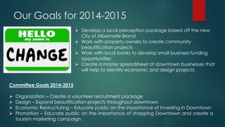 Our Goals for 2014-2015
 Develop a local perception package based off the new
City of Albemarle Brand
 Work with property owners to create community
beautification projects
 Work with local banks to develop small business funding
opportunities
 Create a master spreadsheet of downtown businesses that
will help to identify economic and design projects
Committee Goals 2014-2015
 Organization – Create a volunteer recruitment package
 Design – Expand beautification projects throughout downtown
 Economic Restructuring – Educate public on the importance of investing in Downtown
 Promotion – Educate public on the importance of shopping Downtown and create a
tourism marketing campaign
 