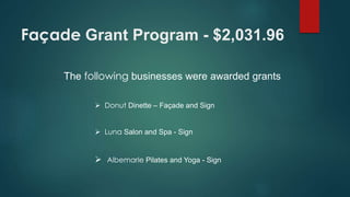  Albemarle Pilates and Yoga - Sign
Façade Grant Program - $2,031.96
The following businesses were awarded grants
 Donut Dinette – Façade and Sign
 Luna Salon and Spa - Sign
 