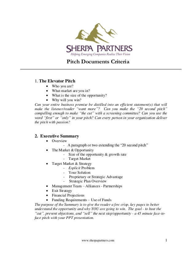 pitch document criteria pitch document template