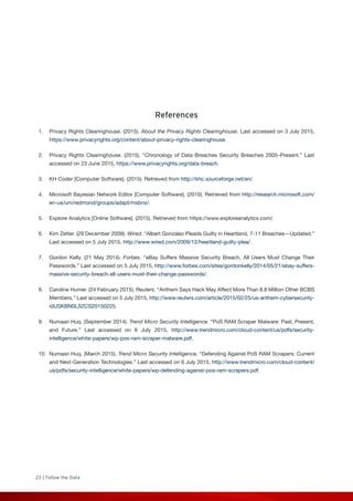 23 | Follow the Data
References
1.	 Privacy Rights Clearinghouse. (2015). About the Privacy Rights Clearinghouse. Last accessed on 3 July 2015,
https://www.privacyrights.org/content/about-privacy-rights-clearinghouse.
2.	 Privacy Rights Clearinghouse. (2015). “Chronology of Data Breaches Security Breaches 2005–Present.” Last
accessed on 23 June 2015, https://www.privacyrights.org/data-breach.
3.	 KH Coder [Computer Software]. (2015). Retrieved from http://khc.sourceforge.net/en/.
4.	 Microsoft Bayesian Network Editor [Computer Software]. (2010). Retrieved from http://research.microsoft.com/
en-us/um/redmond/groups/adapt/msbnx/.
5.	 Explore Analytics [Online Software]. (2015). Retrieved from https://www.exploreanalytics.com/.
6.	 Kim Zetter. (29 December 2009). Wired. “Albert Gonzalez Pleads Guilty in Heartland, 7-11 Breaches—Updated.”
Last accessed on 5 July 2015, http://www.wired.com/2009/12/heartland-guilty-plea/.
7.	 Gordon Kelly. (21 May 2014). Forbes. “eBay Suffers Massive Security Breach, All Users Must Change Their
Passwords.” Last accessed on 5 July 2015, http://www.forbes.com/sites/gordonkelly/2014/05/21/ebay-suffers-
massive-security-breach-all-users-must-their-change-passwords/.
8.	 Caroline Humer. (24 February 2015). Reuters. “Anthem Says Hack May Affect More Than 8.8 Million Other BCBS
Members.” Last accessed on 5 July 2015, http://www.reuters.com/article/2015/02/25/us-anthem-cybersecurity-
idUSKBN0LS2CS20150225.
9.	 Numaan Huq. (September 2014). Trend Micro Security Intelligence. “PoS RAM Scraper Malware: Past, Present,
and Future.” Last accessed on 6 July 2015, http://www.trendmicro.com/cloud-content/us/pdfs/security-
intelligence/white-papers/wp-pos-ram-scraper-malware.pdf.
10.	 Numaan Huq. (March 2015). Trend Micro Security Intelligence. “Defending Against PoS RAM Scrapers: Current
and Next-Generation Technologies.” Last accessed on 6 July 2015, http://www.trendmicro.com/cloud-content/
us/pdfs/security-intelligence/white-papers/wp-defending-against-pos-ram-scrapers.pdf.
 