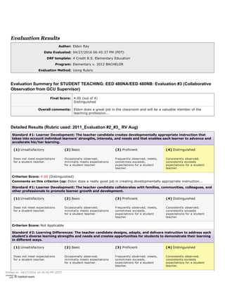 Evaluation Results
Author: Eldon Ray
Date Evaluated: 04/27/2016 06:45:37 PM (PDT)
DRF template: 4 Credit B.S. Elementary Education
Program: Elementary v. 2012 BACHELOR
Evaluation Method: Using Rubric
Evaluation Summary for STUDENT TEACHING: EED 480NA/EED 480NB: Evaluation #3 (Collaborative
Observation from GCU Supervisor)
Final Score: 4.00 (out of 4)
Distinguished
Overall comments: Eldon does a great job in the classroom and will be a valuable member of the
teaching profession...
Detailed Results (Rubric used: 2011_Evaluation #2_#3_ RV Aug)
Standard #1: Learner Development: The teacher candidate creates developmentally appropriate instruction that
takes into account individual learners’ strengths, interests, and needs and that enables each learner to advance and
accelerate his/her learning. 
(1) Unsatisfactory (2) Basic (3) Proficient (4) Distinguished
Does not meet expectations
for a student teacher. 
Occasionally observed;
minimally meets expectations
for a student teacher. 
Frequently observed; meets,
sometimes exceeds,
expectations for a student
teacher. 
Consistently observed;
consistently exceeds
expectations for a student
teacher. 
Criterion Score: 4.00 (Distinguished)
Comments on this criterion (op: Eldon does a really good job in creating developmentally appropriate instruction...
Standard #1: Learner Development: The teacher candidate collaborates with families, communities, colleagues, and
other professionals to promote learner growth and development. 
(1) Unsatisfactory (2) Basic (3) Proficient (4) Distinguished
Does not meet expectations
for a student teacher. 
Occasionally observed;
minimally meets expectations
for a student teacher. 
Frequently observed; meets,
sometimes exceeds,
expectations for a student
teacher. 
Consistently observed;
consistently exceeds
expectations for a student
teacher. 
Criterion Score: Not Applicable
Standard #2: Learning Differences: The teacher candidate designs, adapts, and delivers instruction to address each
student’s diverse learning strengths and needs and creates opportunities for students to demonstrate their learning
in different ways. 
(1) Unsatisfactory (2) Basic (3) Proficient (4) Distinguished
Does not meet expectations
for a student teacher. 
Occasionally observed;
minimally meets expectations
for a student teacher. 
Frequently observed; meets,
sometimes exceeds,
expectations for a student
teacher. 
Consistently observed;
consistently exceeds
expectations for a student
teacher. 
 
Printed on: 04/27/2016 10:35:26 PM (EST)
 