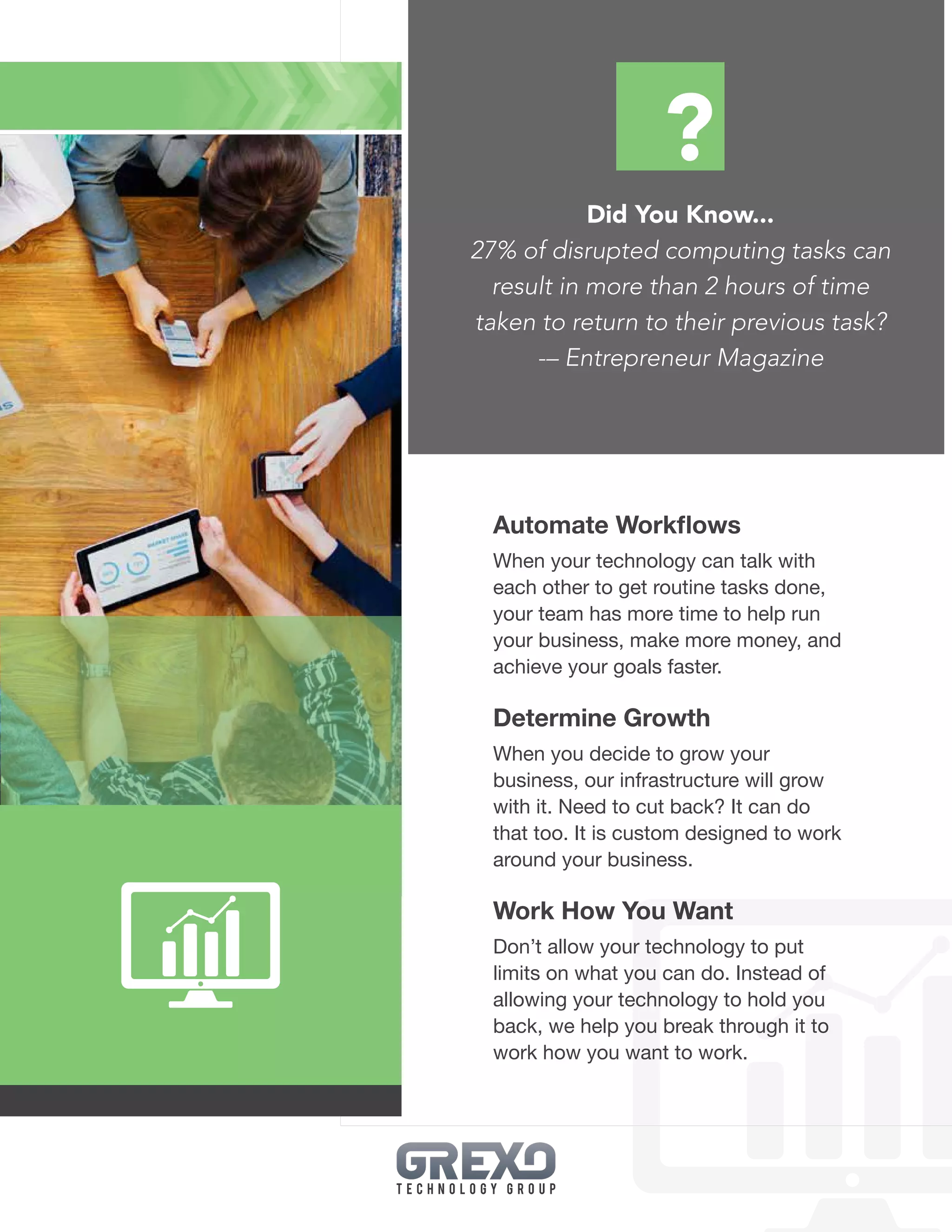 17
Automate Workflows
When your technology can talk with
each other to get routine tasks done,
your team has more time to help run
your business, make more money, and
achieve your goals faster.
Determine Growth
When you decide to grow your
business, our infrastructure will grow
with it. Need to cut back? It can do
that too. It is custom designed to work
around your business.
Work How You Want
Don’t allow your technology to put
limits on what you can do. Instead of
allowing your technology to hold you
back, we help you break through it to
work how you want to work.
Did You Know...
27% of disrupted computing tasks can
result in more than 2 hours of time
taken to return to their previous task?
-– Entrepreneur Magazine
?
 