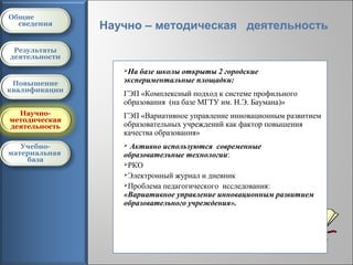 Общие
  сведения     Научно – методическая деятельность
 Результаты
деятельности
                  На базе школы открыты 2 городские
 Повышение        экспериментальные площадки:
квалификации
                  ГЭП «Комплексный подход к системе профильного
                  образования (на базе МГТУ им. Н.Э. Баумана)»
  Научно-         ГЭП «Вариативное управление инновационным развитием
методическая
деятельность      образовательных учреждений как фактор повышения
                  качества образования»
   Учебно-         Активно используются современные
материальная      образовательные технологии:
    база
                  РКО

                  Электронный журнал и дневник

                  Проблема педагогического исследования:
                  «Вариативное управление инновационным развитием
                  образовательного учреждения».




  Отзывы
 