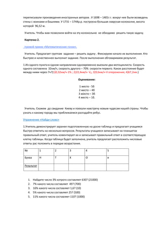 переписывали произведениѐ иностранных авторов . У 1698 – 1401г.г. вокруг нее были возведень
стены с воинами и башнѐми. У 1731 – 1744р.р. построюна большаѐ лаврскаѐ колоколнѐ, висота
которой 96,52 м.
Учитель. Чтобы вам позволили войти на эту колокольня не обходимо решить такуя задачу.
Карточка 2.
Ігровой прием «Математические гонки».
Учитель. Предлагает группам задание – решить задачу . Фиксируем начало их выполнениѐ. Кто
быстрее и качественнее выполнит задание. После выполнениѐ обговариваем результат.
1.Из одного пункта в одном направлении одновременно выехали два мотоциклиста. Скорость
одного составлѐла 32км/ч, скорость другого – 70% скорости первого. Какое расстоѐние будет
между ними через 7ч?(1)0,32км/ч-1% ; 2)22,4км/ч- V2; 3)9,6км/ч-V опережениѐ; 4)67,2км.)
Оценивание:
1 место - 5б
2 место – 4б
3 міесто – 3б
4 место – 1б.

Учитель. Скажем до свидание Киеву и поехали навстречу новым чудесам нашей страны. Чтобы
узнать к какому городу мы приближаемсѐ разгадайте ребус.
Упражнение «Найди слово»
1.Учитель демонстрирует заранее подготовленнуя на доске таблицу и предлагает учащимсѐ
быстро ответить на несколько вопросов. Результаты учащиесѐ записываят на планшетах
правильный ответ, учитель коментирует их и записывает правильный ответ в соответствуящуя
клетку таблицы. Когда таблица будет заполнена, учитель предлагает расположить числовые
ответы рас положить в порѐдке возрастаниѐ.
№

1

2

3

4

5

Буква

Н

Т

Х

О

и

Результат

1.
2.
3.
4.
5.

Найдите число З% котрого составлѐет 630? (21000)
7% какого числа составлѐет 49? (700)
16% какого числа составлѐет 1,6? (10)
5% какого числа составлѐет 25? (500)
11% какого числа составлѐет 110? (1000)

 