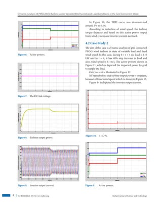 Dynamic Analysis of PMSG Wind Turbine under Variable Wind Speeds and Load Conditions in the Grid Connected Mode
Indian Journal of Science and Technology4 Vol 8 (14) | July 2015 | www.indjst.org
In Figure 10, the THD curve was demonstrated
around 5% to 6.5%.
According to reduction of wind speed, the turbine
torque decrease and based on this active power output
from wind system and inverter current declined.
4.2 Case Study 2
The aim of this case is dynamic analysis of grid ­connected
PMSG wind turbine in state of variable load and fixed
wind speed. In this case, during 0  t  4 sec load is 110
kW and in t = 4, it has 40% step increase in load and
also, wind speed is 11 m/s. The active powers shown in
Figure 11, which is depicted the imported power by grid
to ­supply the load.
Grid current is illustrated in Figure 12.
It’sbeenobviousthatturbineoutputpowerisinvariant,
because of fixed wind speed which is shown in Figure 13.
Figure 14 is depicted the inverter output current.
Figure 6.  Active powers.
Figure 7.  The DC link voltage.
Figure 8.  Turbine output power.
Figure 9.  Inverter output current.
Figure 10.  THD %.
Figure 11.  Active powers.
 