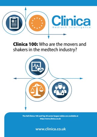 Clinica 100: Who are the movers and
shakers in the medtech industry?
www.clinica.co.uk
The full Clinica 100 and Top 20 sector league tables are available at
http://www.clinica.co.uk
 